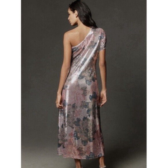 Anthropologie Porridge One Shoulder Floral Sequin Maxi Dress Sz SP Pink - Picture 2 of 10